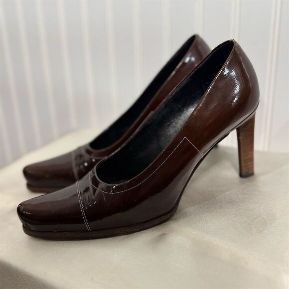 Prada Brown Patent Leather Heels 36.5 US 6.5 Italy Square Toe Pumps Vero Cuoio - Picture 1 of 9